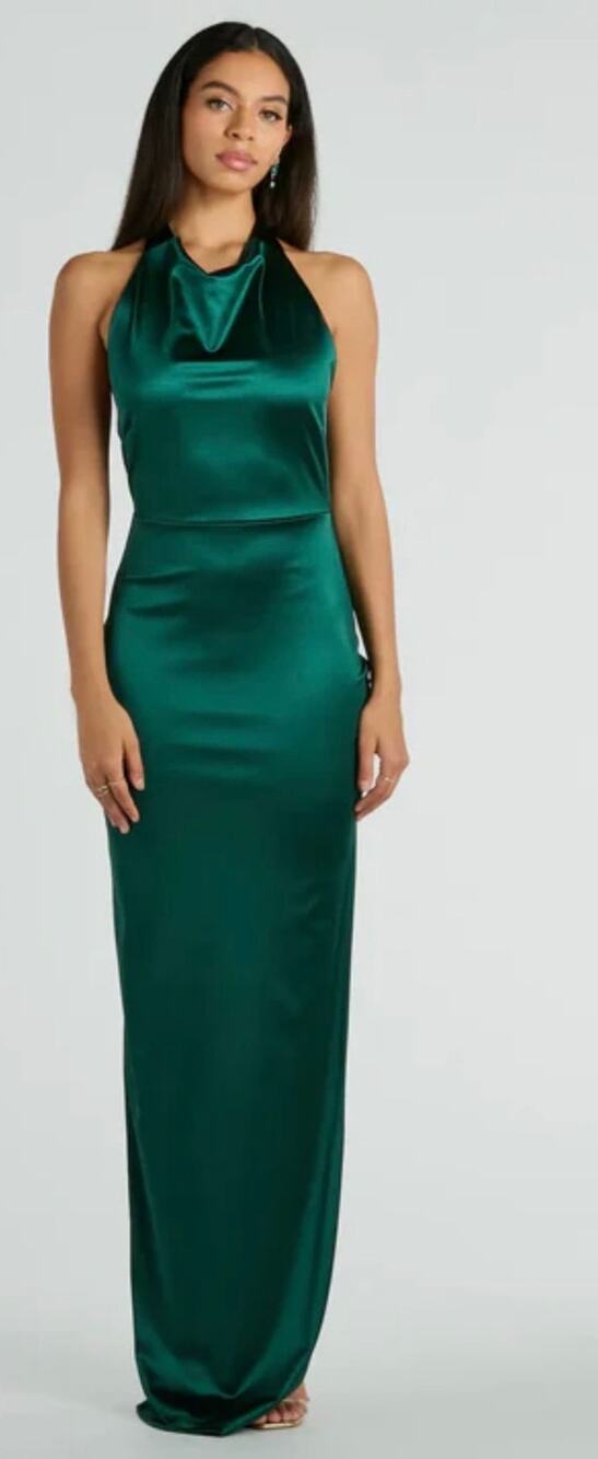Windsor Emerald Green Satin Maxi Dress Medium Halter Cowl Neck Backless Formal